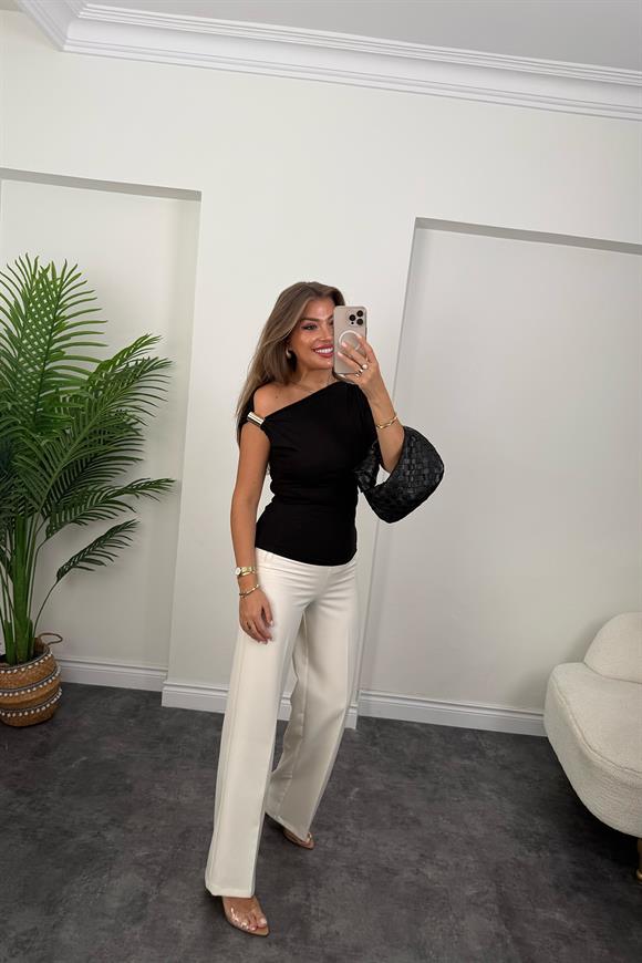 Bebe Lüx Kalite Düşük Omuz Likralı Tasarım Bluz Siyah