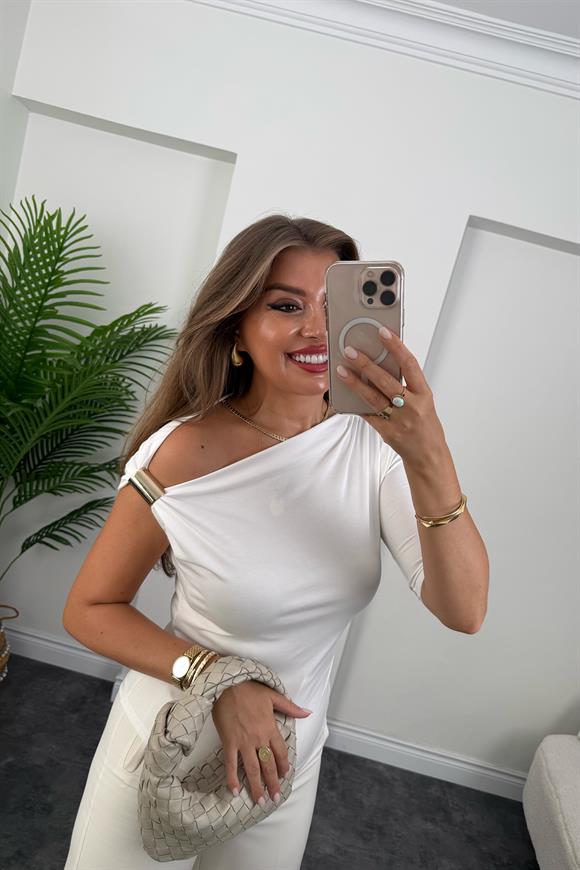 Bebe Lüx Kalite Düşük Omuz Likralı Tasarım Bluz Ekru