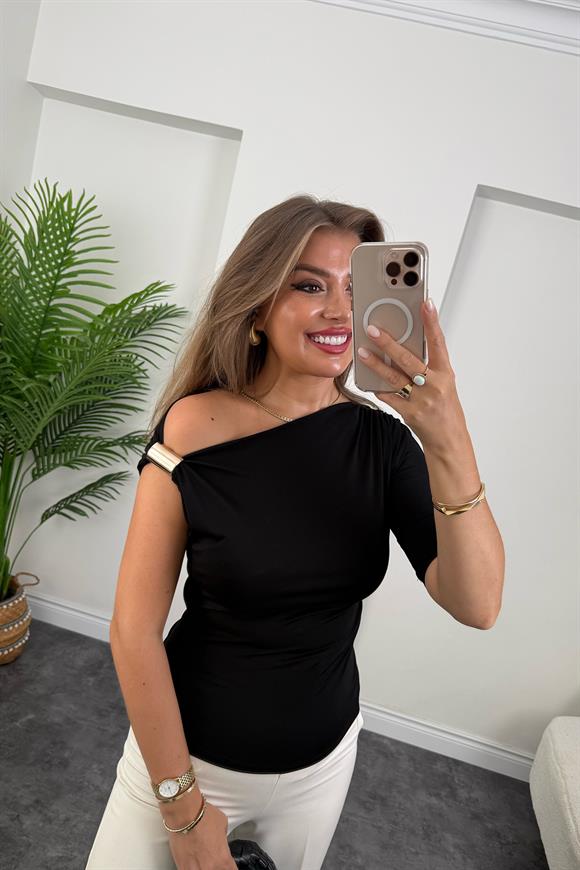 Bebe Lüx Kalite Düşük Omuz Likralı Tasarım Bluz Siyah