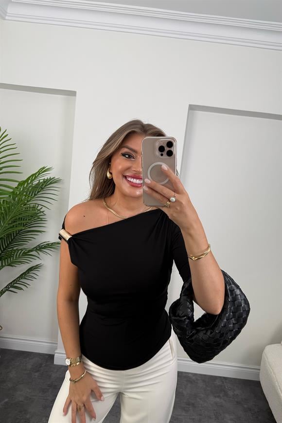 Bebe Lüx Kalite Düşük Omuz Likralı Tasarım Bluz Siyah