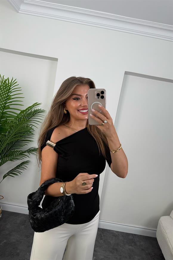 Bebe Lüx Kalite Düşük Omuz Likralı Tasarım Bluz Siyah