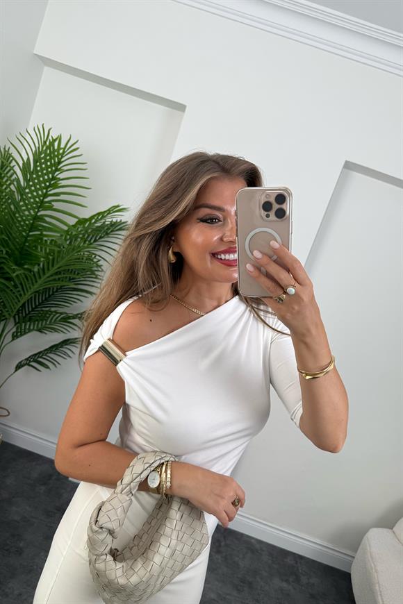 Bebe Lüx Kalite Düşük Omuz Likralı Tasarım Bluz Ekru