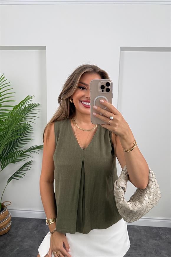 Bebe Lüx Kalite Ham Keten Kolsuz Bluz Haki