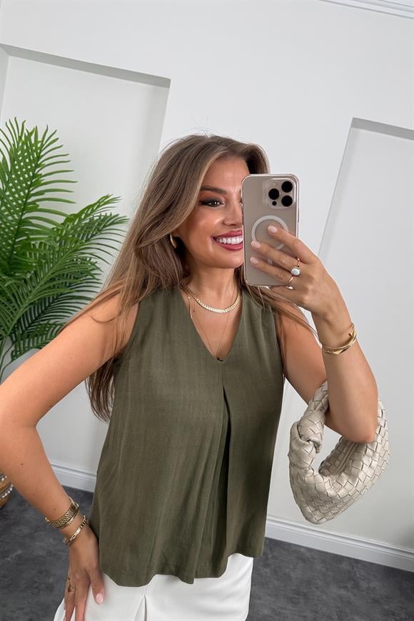 Bebe Lüx Kalite Ham Keten Kolsuz Bluz Haki