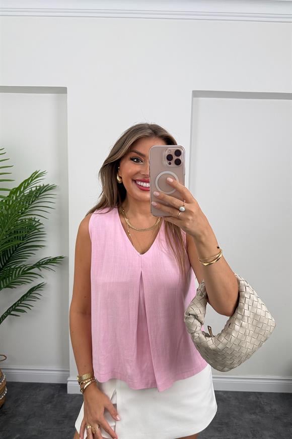Bebe Lüx Kalite Ham Keten Kolsuz Bluz Pembe