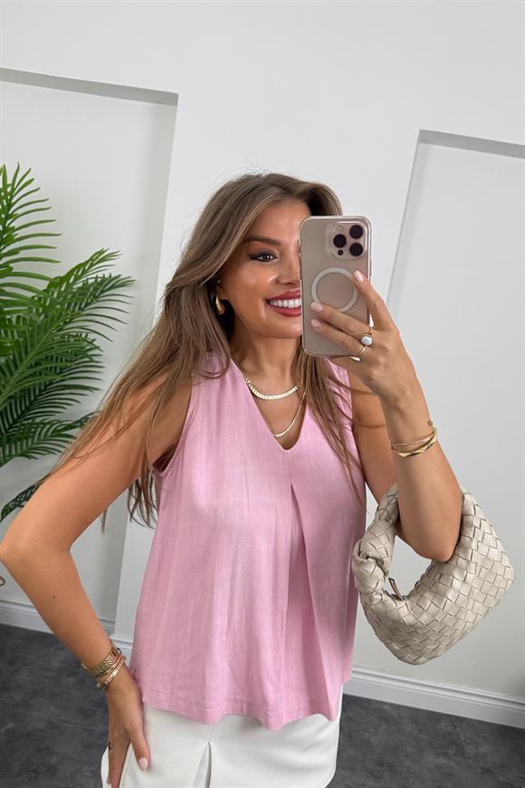 Bebe Lüx Kalite Ham Keten Kolsuz Bluz Pembe