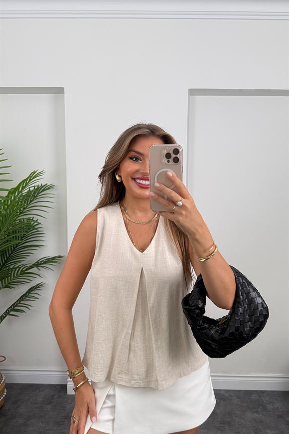 Bebe Lüx Kalite Ham Keten Kolsuz Bluz Taş 