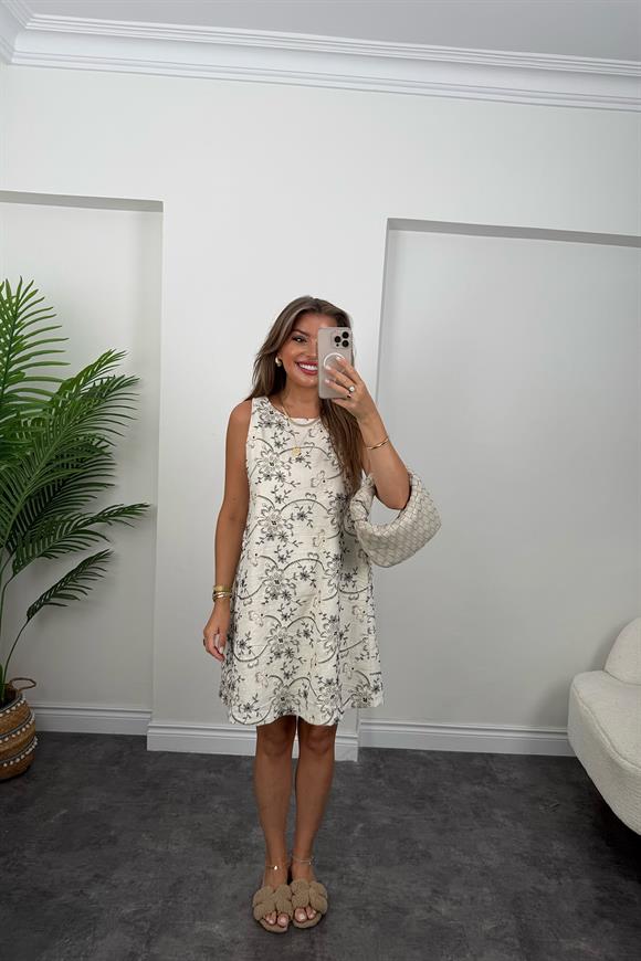 Bebe Lüx Kalite Komple Nakışlı Ham Keten Elbise