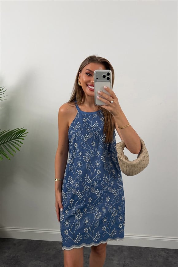 Bebe Lüx Kalite Nakışlı Pamuk Denim Elbise