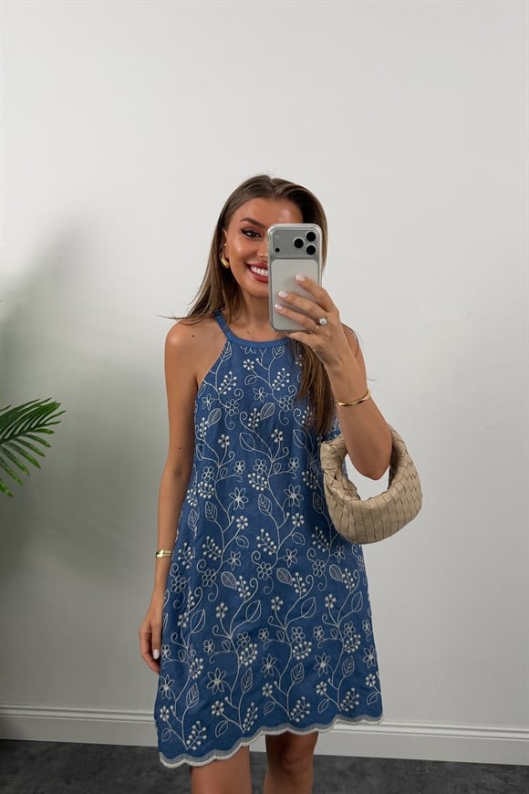 Bebe Lüx Kalite Nakışlı Pamuk Denim Elbise