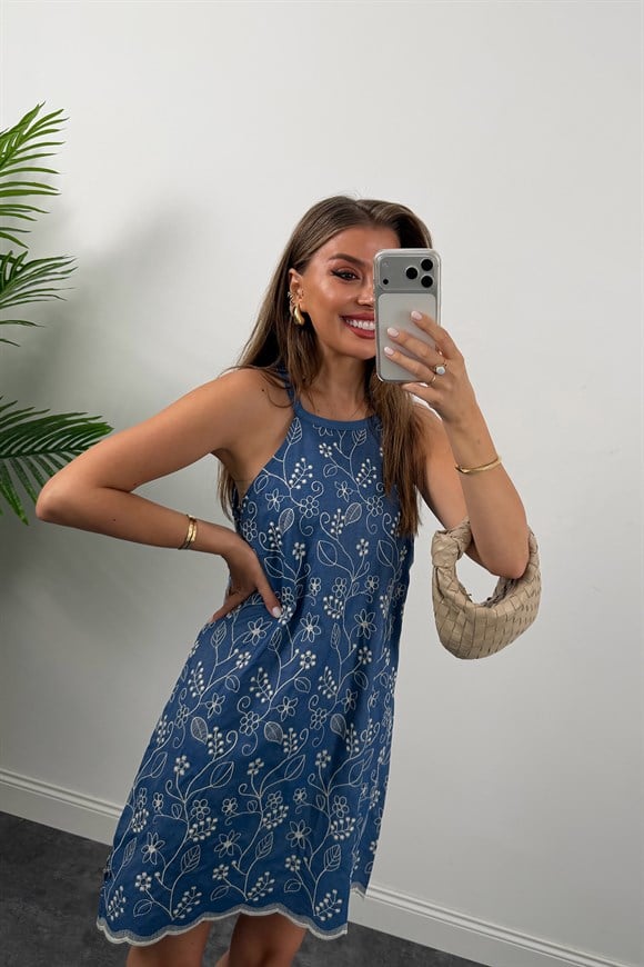Bebe Lüx Kalite Nakışlı Pamuk Denim Elbise