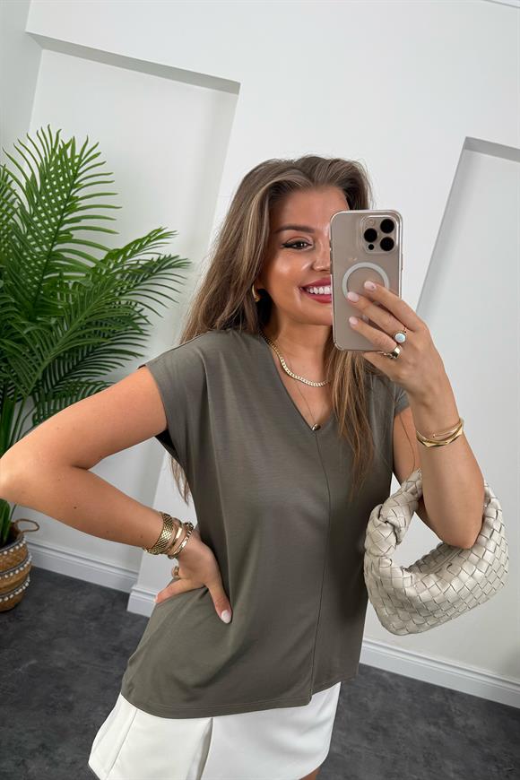 Bebe Lüx Kalite Tensel Dokulu V Yaka Basic Bluz Haki