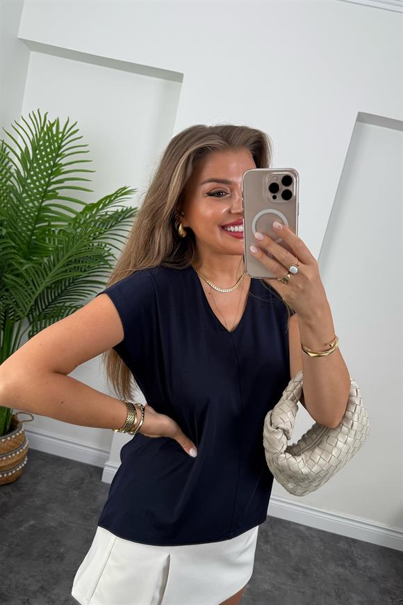 Bebe Lüx Kalite Tensel Dokulu V Yaka Basic Bluz Lacivert