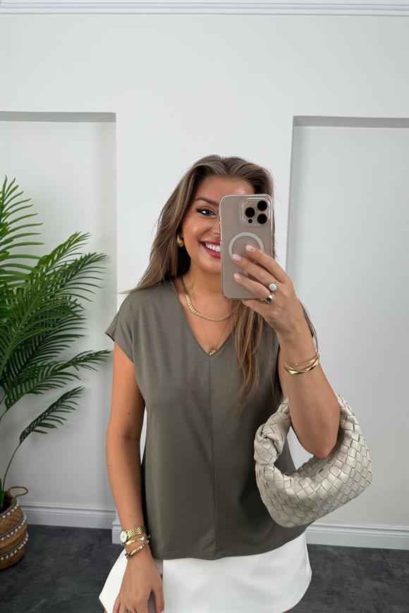 Bebe Lüx Kalite Tensel Dokulu V Yaka Basic Bluz Haki