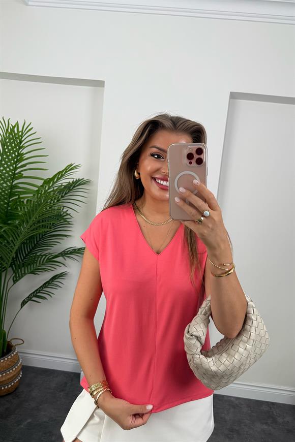 Bebe Lüx Kalite Tensel Dokulu V Yaka Basic Bluz Nar Çiçeği Pembe