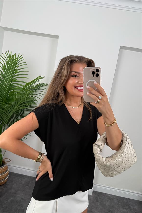 Bebe Lüx Kalite Tensel Dokulu V Yaka Basic Bluz Siyah