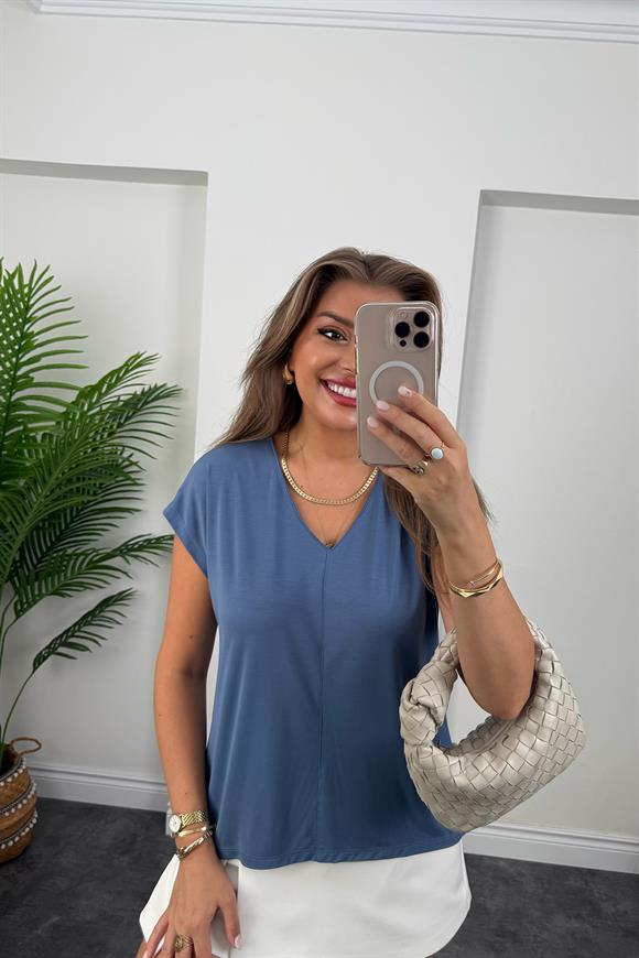 Bebe Lüx Kalite Tensel Dokulu V Yaka Basic Bluz İndigo