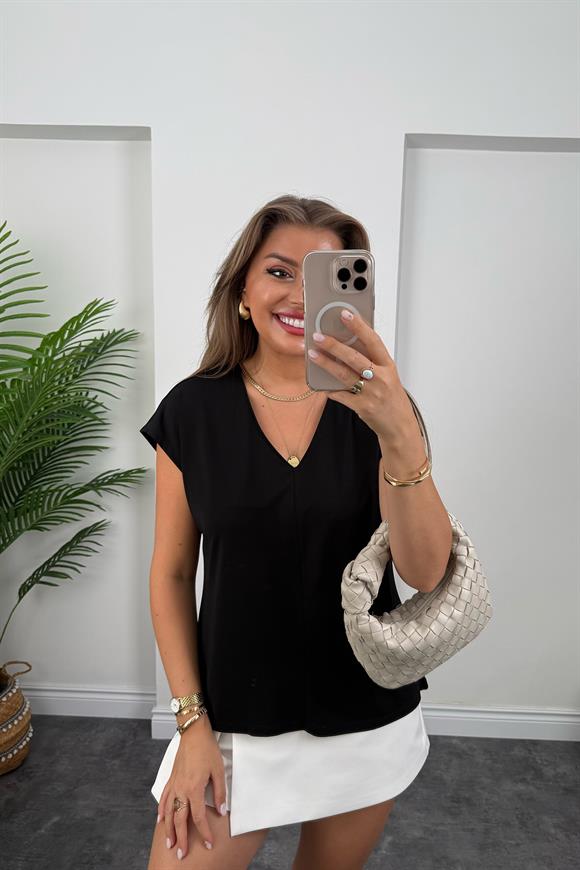 Bebe Lüx Kalite Tensel Dokulu V Yaka Basic Bluz Siyah