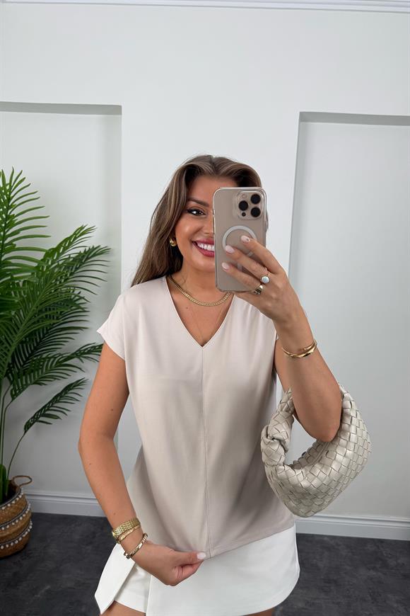 Bebe Lüx Kalite Tensel Dokulu V Yaka Basic Bluz Taş