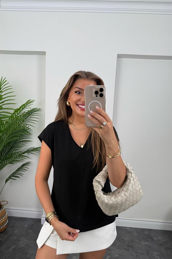 Bebe Lüx Kalite Tensel Dokulu V Yaka Basic Bluz Siyah