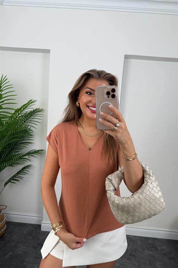 Bebe Lüx Kalite Tensel Dokulu V Yaka Basic Bluz Tarçın