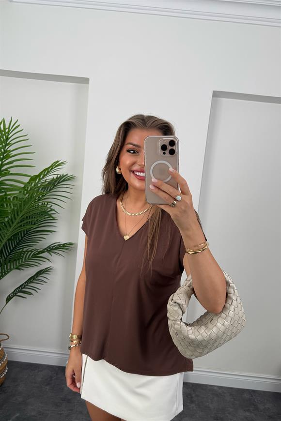 Bebe Lüx Kalite Tensel Dokulu V Yaka Basic Bluz Acı Kahve