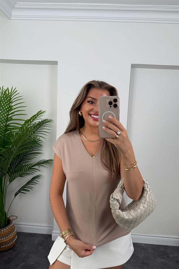 Bebe Lüx Kalite Tensel Dokulu V Yaka Basic Bluz Vizon