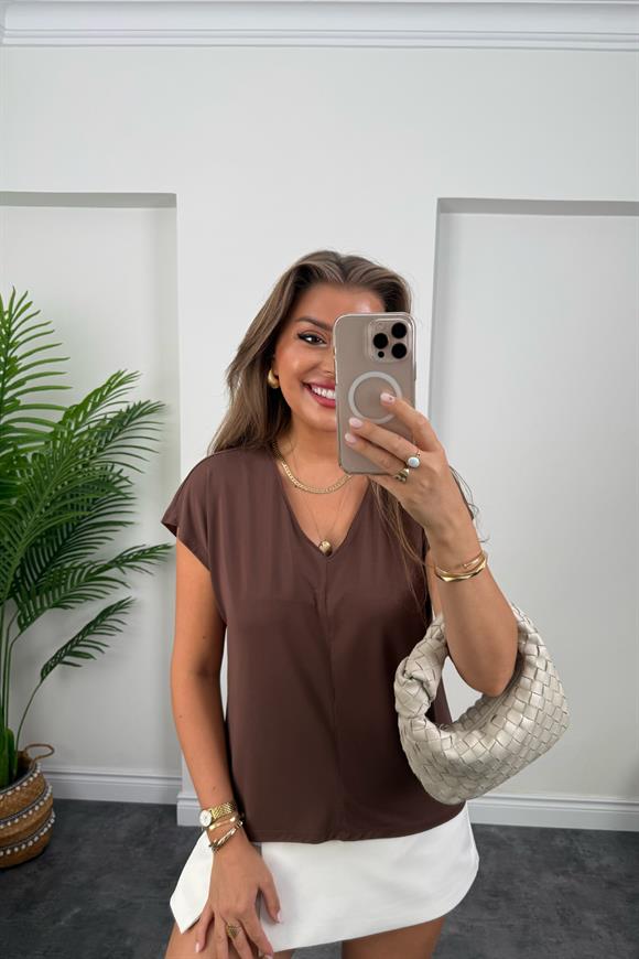 Bebe Lüx Kalite Tensel Dokulu V Yaka Basic Bluz Acı Kahve