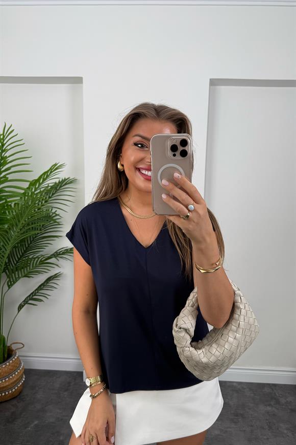 Bebe Lüx Kalite Tensel Dokulu V Yaka Basic Bluz Lacivert