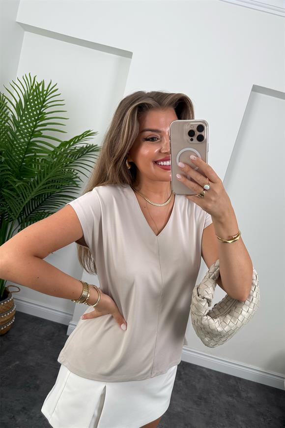 Bebe Lüx Kalite Tensel Dokulu V Yaka Basic Bluz Taş