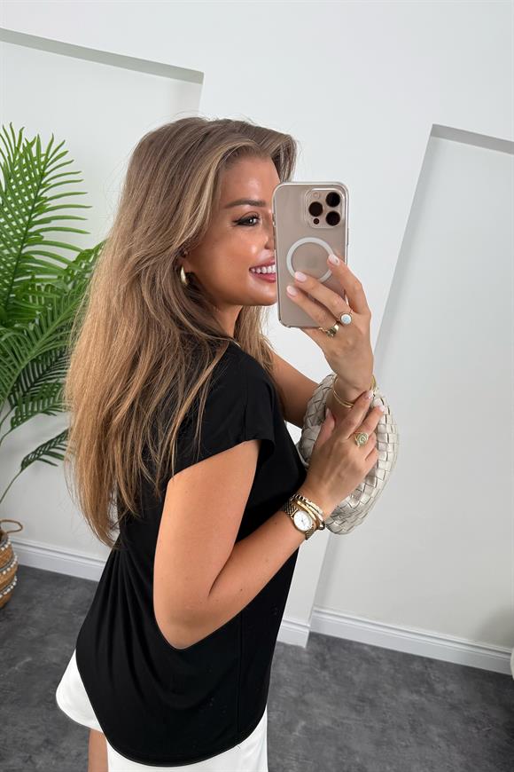 Bebe Lüx Kalite Tensel Dokulu V Yaka Basic Bluz Siyah