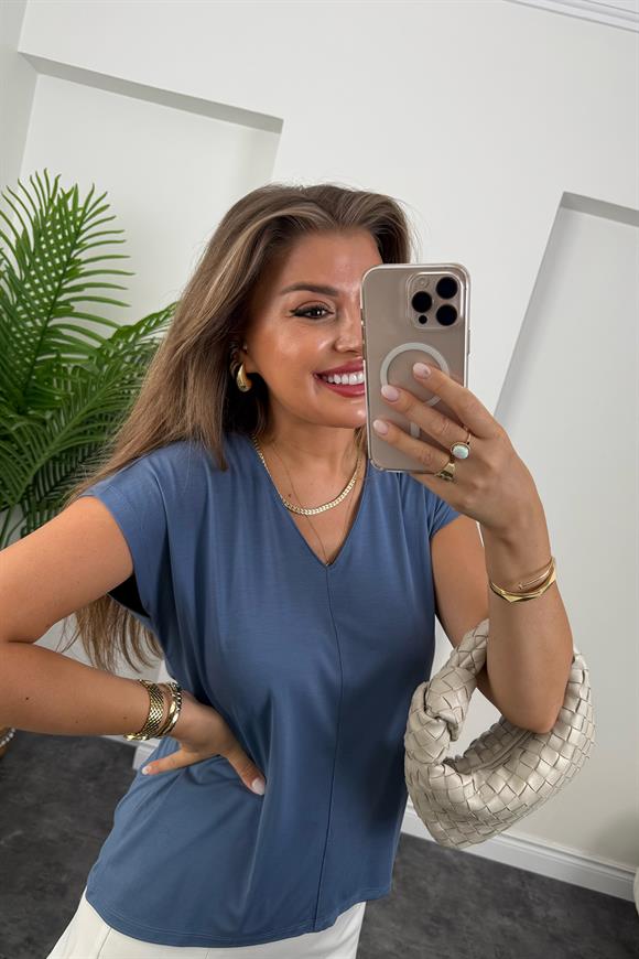Bebe Lüx Kalite Tensel Dokulu V Yaka Basic Bluz İndigo