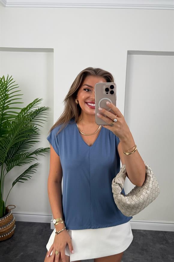 Bebe Lüx Kalite Tensel Dokulu V Yaka Basic Bluz İndigo