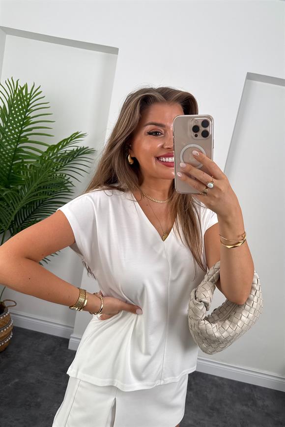 Bebe Lüx Kalite Tensel Dokulu V Yaka Basic Bluz Ekru