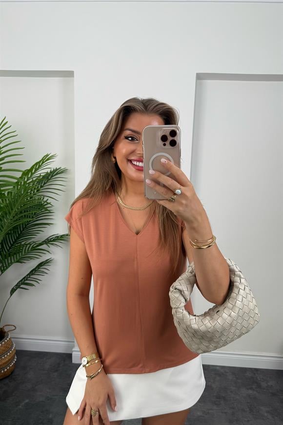 Bebe Lüx Kalite Tensel Dokulu V Yaka Basic Bluz Tarçın