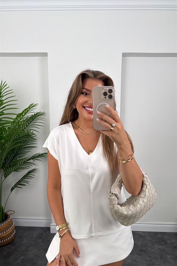 Bebe Lüx Kalite Tensel Dokulu V Yaka Basic Bluz Ekru