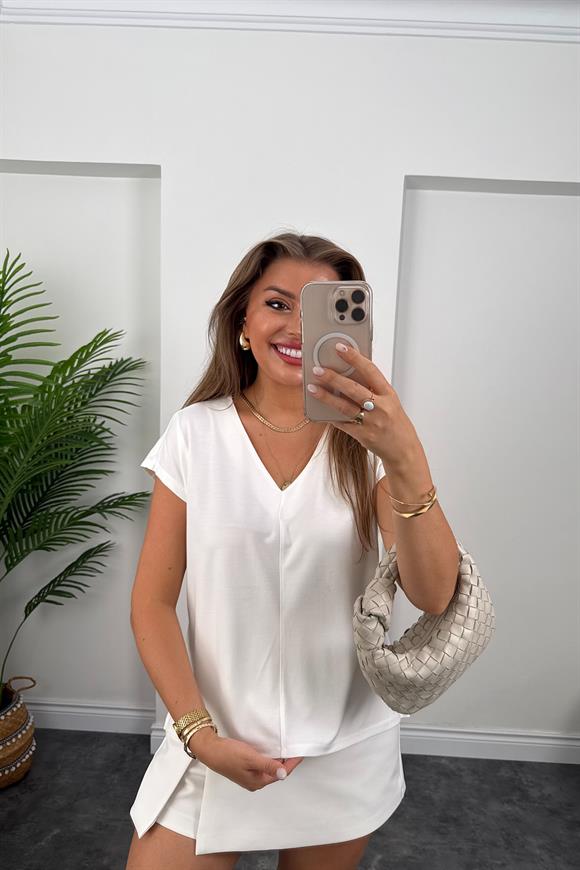 Bebe Lüx Kalite Tensel Dokulu V Yaka Basic Bluz Ekru