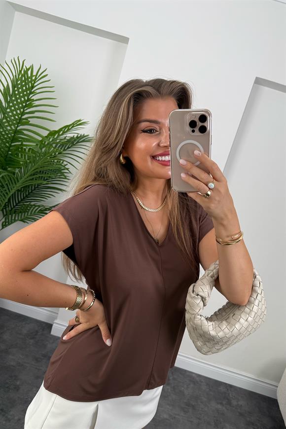 Bebe Lüx Kalite Tensel Dokulu V Yaka Basic Bluz Acı Kahve