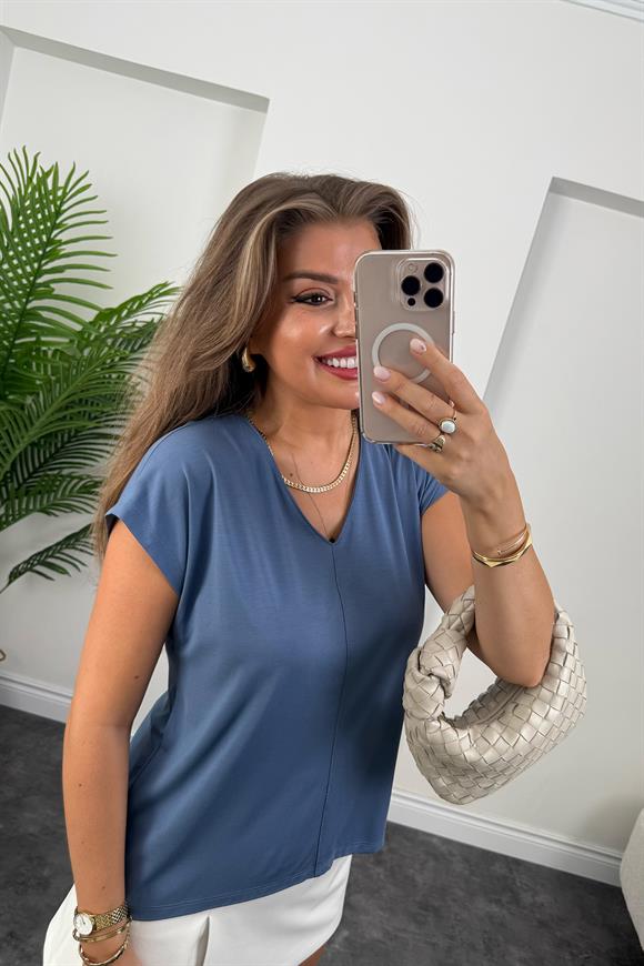 Bebe Lüx Kalite Tensel Dokulu V Yaka Basic Bluz İndigo