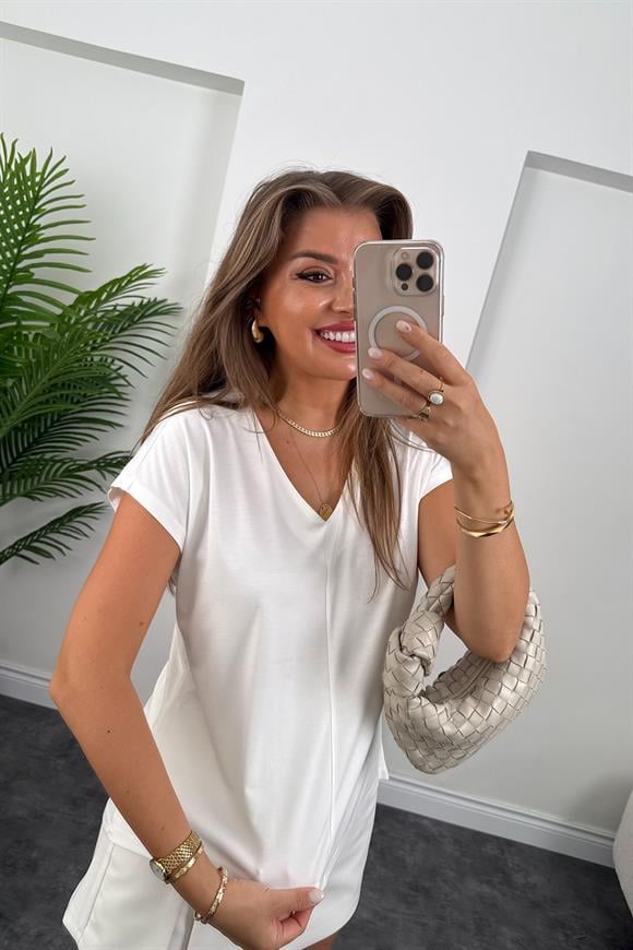 Bebe Lüx Kalite Tensel Dokulu V Yaka Basic Bluz Ekru