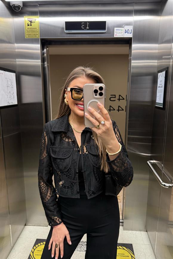 Bebe Lüx Kalite Vatkalı Dantel Tasarım Ceket Gömlek Siyah