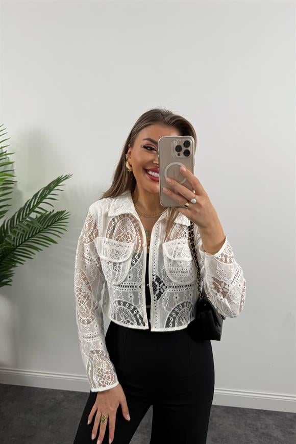 Bebe Lüx Kalite Vatkalı Dantel Tasarım Ceket Gömlek Ekru
