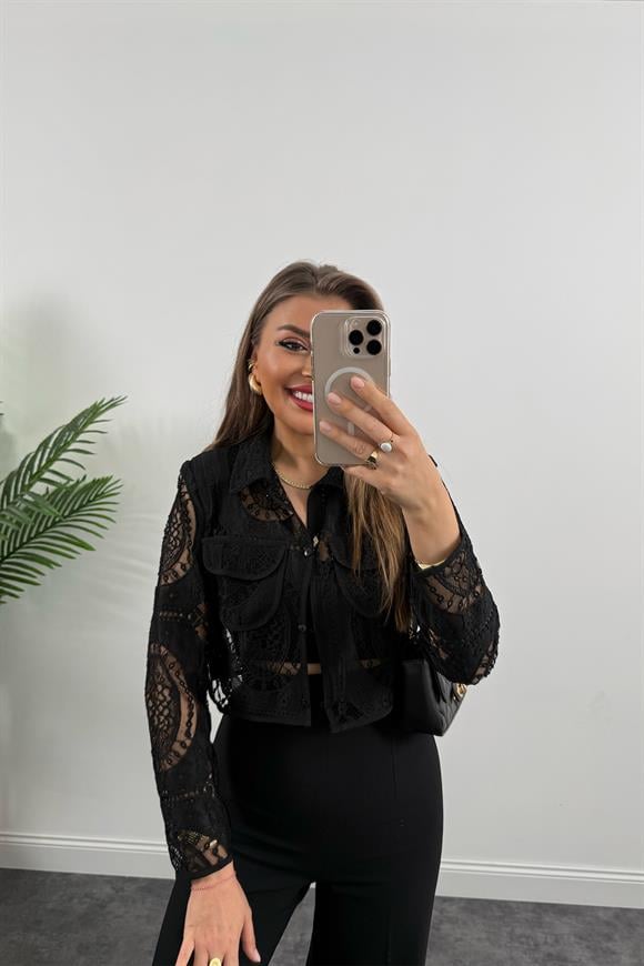 Bebe Lüx Kalite Vatkalı Dantel Tasarım Ceket Gömlek Siyah