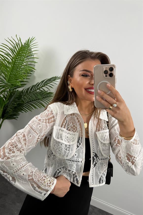 Bebe Lüx Kalite Vatkalı Dantel Tasarım Ceket Gömlek Ekru