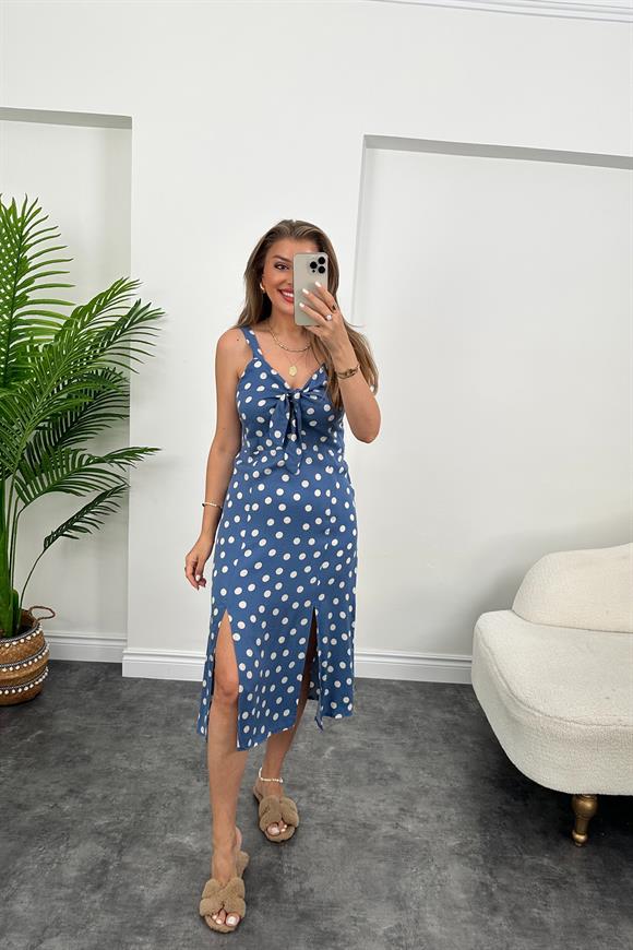 Bebe Marka Çift Yırtmaçlı Puantiyeli Tensel Elbise İndigo