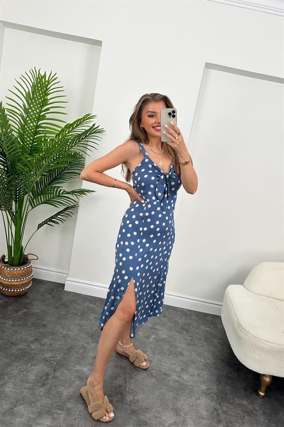 Bebe Marka Çift Yırtmaçlı Puantiyeli Tensel Elbise İndigo