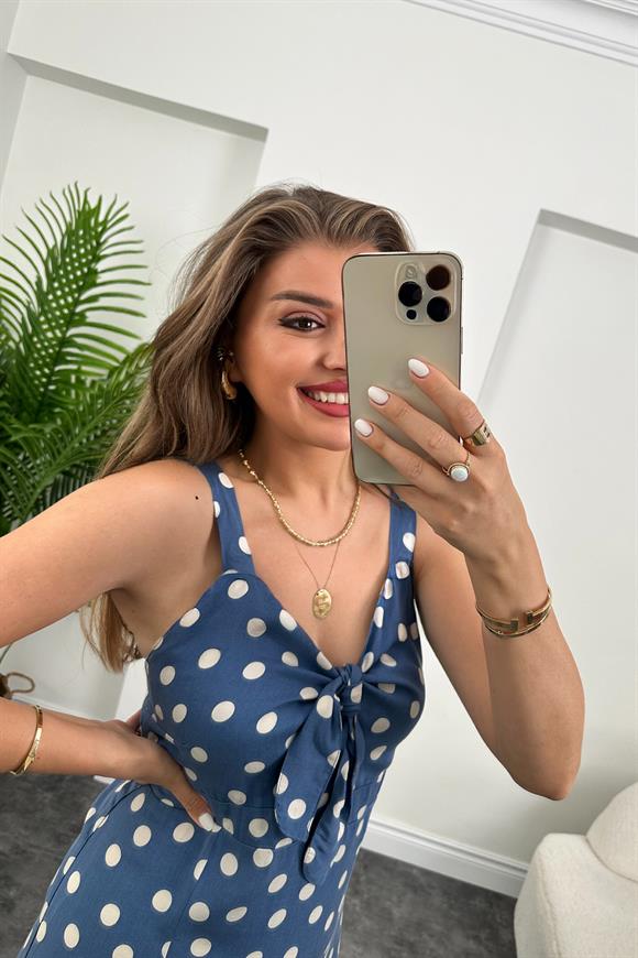 Bebe Marka Çift Yırtmaçlı Puantiyeli Tensel Elbise İndigo