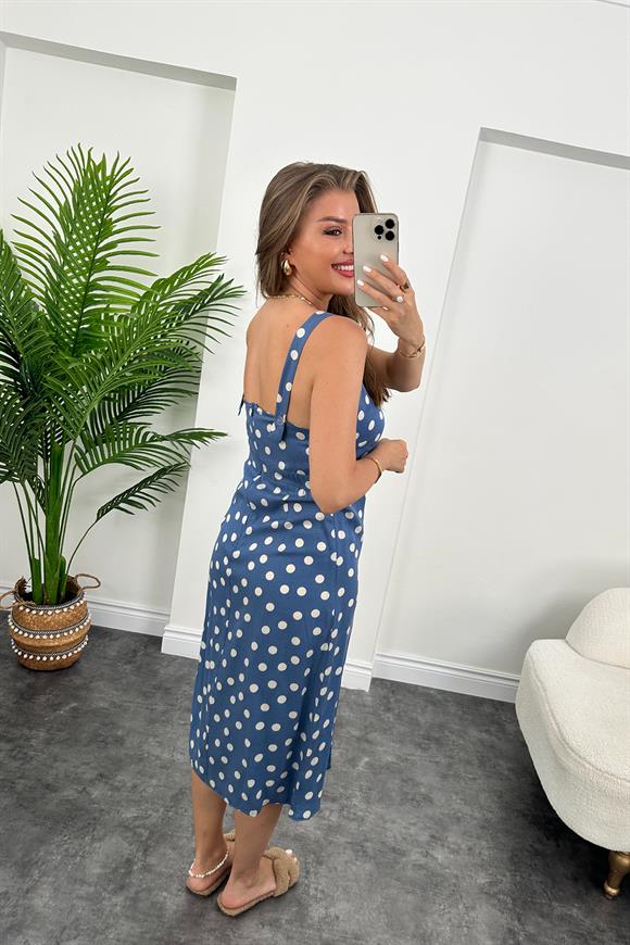 Bebe Marka Çift Yırtmaçlı Puantiyeli Tensel Elbise İndigo