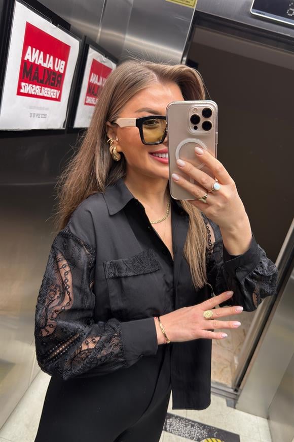 Bebe Marka Kolları Dantel Tasarım Gömlek Siyah