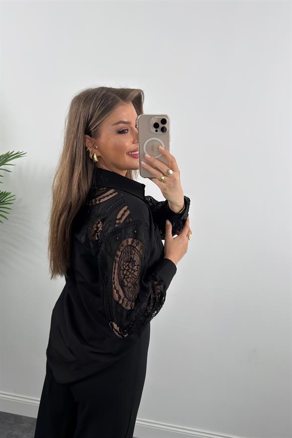 Bebe Marka Kolları Dantel Tasarım Gömlek Siyah